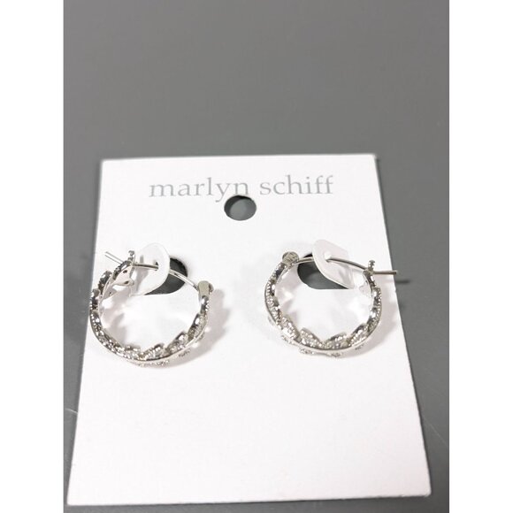 Marlyn Schiff Silver Tone Rhinestone Leaf Vine Hoop Earrings Pierced NEW - Picture 2 of 5